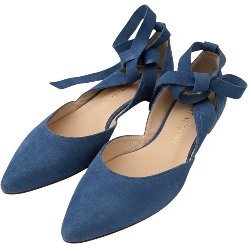Stuart Weitzman 6.5N Flats Blue Suede Ankle Tie Pointed Toe dOrsay Made in Spain